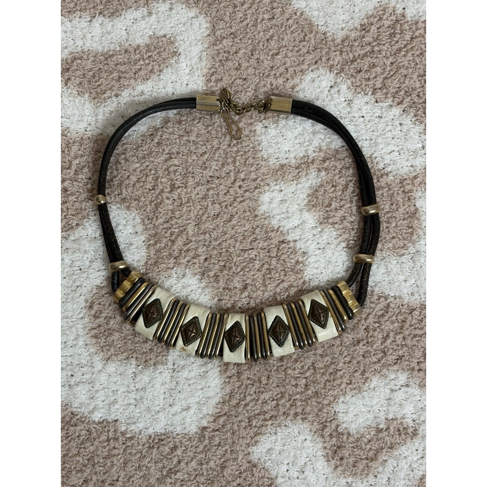 Artisan Vintage Choker Black Leather Cord Mixed Metals Design Necklace